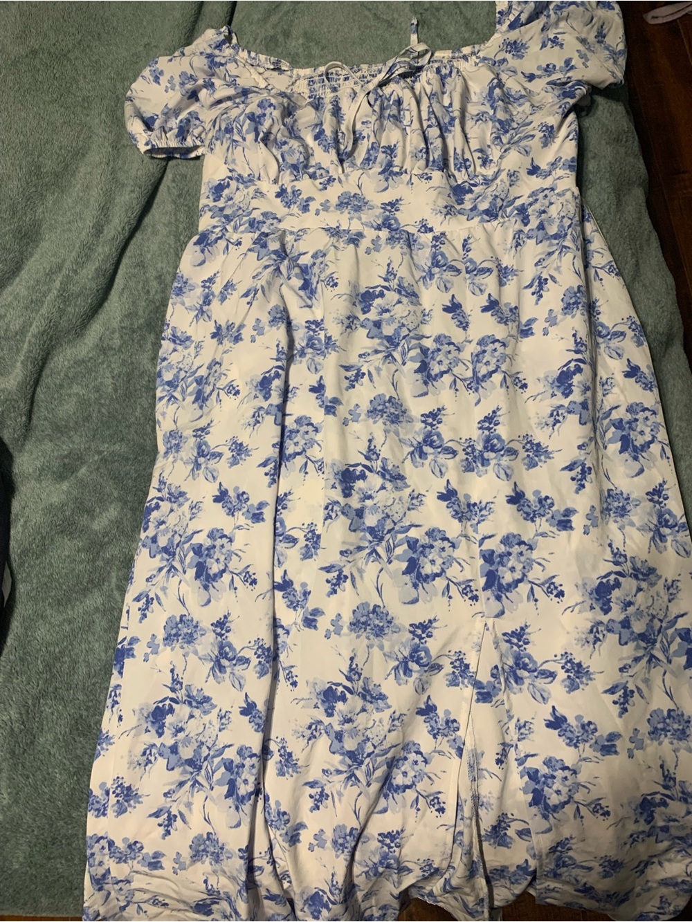 SHEIN White Off-Shoulder Dress with Blue Floral Print